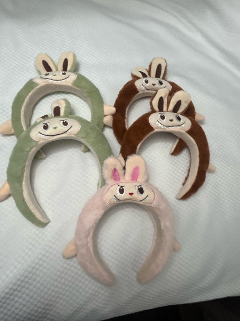 Plush Labubu style Bunny Ear Headband - Pink, Green, Brown